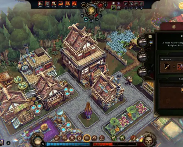 Vista isométrica de un asentamiento en un juego de **juegos de gestión pc**. Se aprecian edificios de madera, un huerto y un menú de información del "Clan Hall".