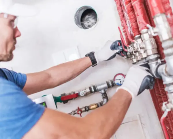 Instalator sprawdza jakie ciśnienie przy próbie szczelności instalacji wodnej, regulując zawory i obserwując manometr.