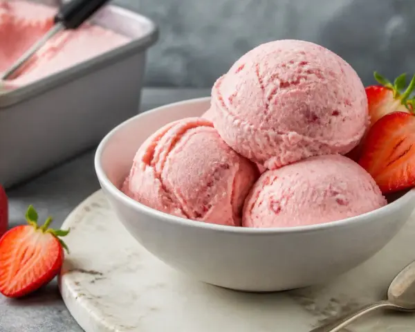 Schüssel mit cremigem Erdbeer-Eis mit Kondensmilch, garniert mit frischen Erdbeeren. Daneben ein Behälter mit Eis.