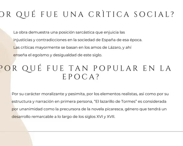 Resumen del Lazarillo de Tormes: crítica social, egoísmo y desigualdad. Su popularidad se debe a su carácter moralizante y realista, precursor de la novela picaresca.