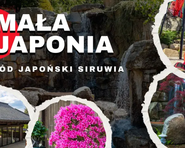 Ogród japoński Karpacz: wodospady, kwitnące azalie, tradycyjny dom i maskotka samuraja.