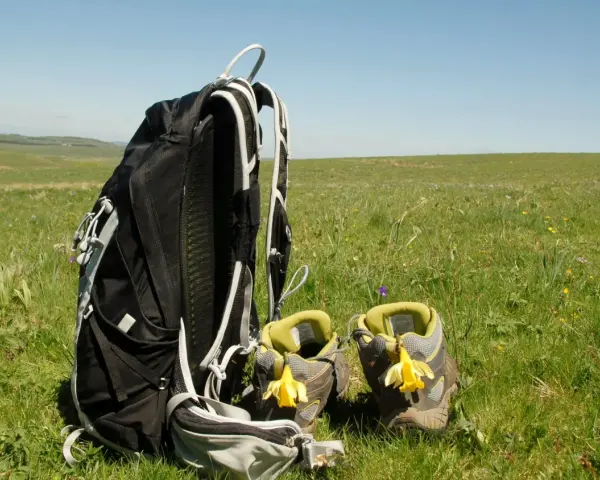 Sac à dos et chaussures de randonnée ornées de jonquilles, prêts pour une randonnée sur l'Aubrac.
