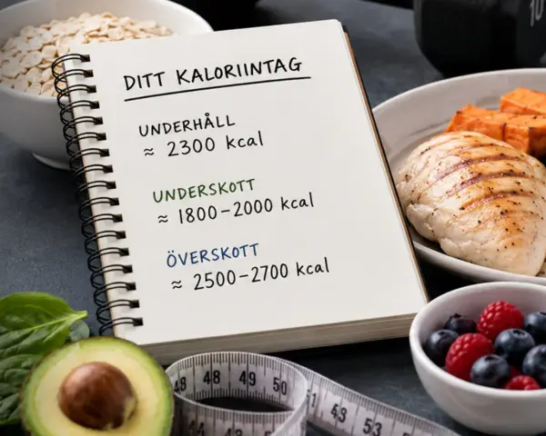 En anteckningsbok visar hur många kalorier per dag kvinna behöver för underhåll, underskott och överskott. Bredvid finns mat som kyckling, ris, grönsaker, bär och avokado.
