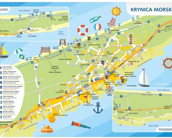 Mapa Krynicy Morskiej i Mierzei Wiślanej z zaznaczonymi atrakcjami, portami i ścieżkami.