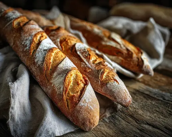 Tre gyllene baguetter på en linneduk, redo för ett gott baguette recept.