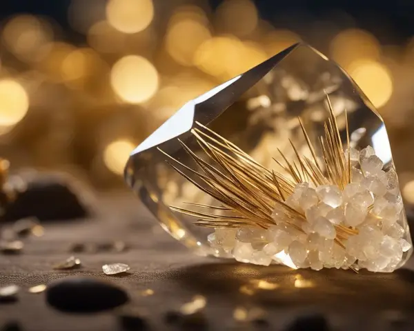 Quarzo rutilato con inclusioni dorate, un cristallo che evoca le sue proprietà energetiche e curative.