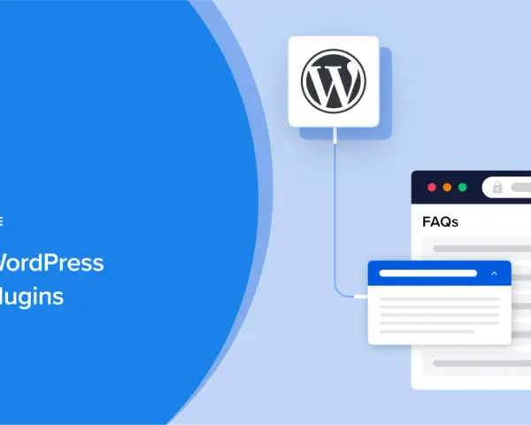 Icône d'engrenage et logo WordPress connectés à une interface web affichant des FAQs. Illustration pour les meilleurs wordpress faq plugin.