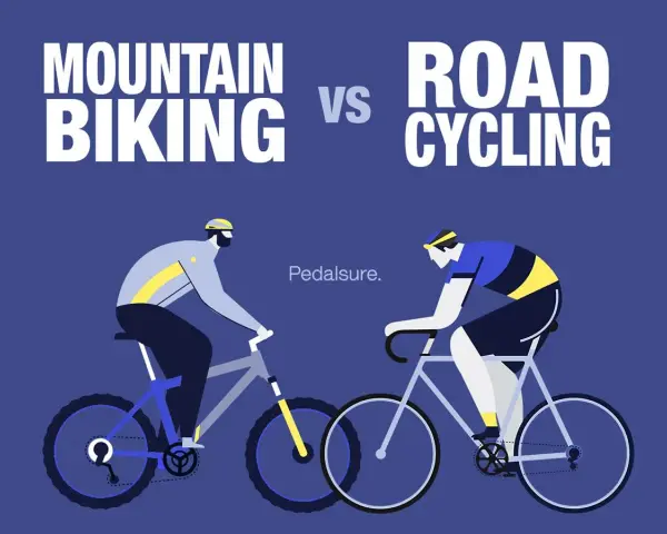 Illustration comparing mountain biking vs road cycling. A cyclist on a rugged bike faces a cyclist on a sleek road bike.