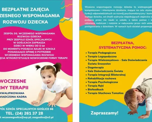 Uśmiechnięte dziecko raczkuje na różowym tle, obok tekst o wczesnym wspomaganiu rozwoju.