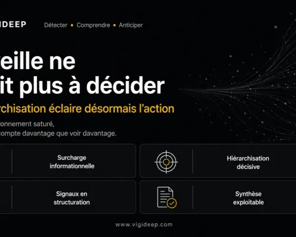La veille ne suffit plus. L'image illustre la hiérarchisation comme clé pour passer de la surcharge informationnelle à une synthèse exploitable, permettant de prendre des décisions éclairées.