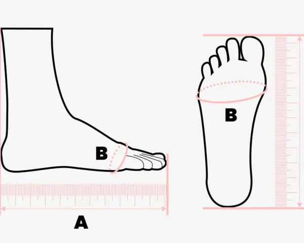 Illustrazione che mostra come misurare il piede: lunghezza (A) e circonferenza (B) con righelli.