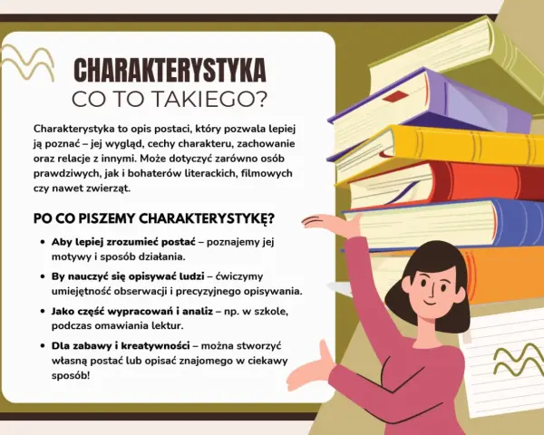 Co to charakterystyka? To opis postaci, jej wyglądu, cech, zachowania i relacji. Pomaga zrozumieć motywy, ćwiczy obserwację i analizę.
