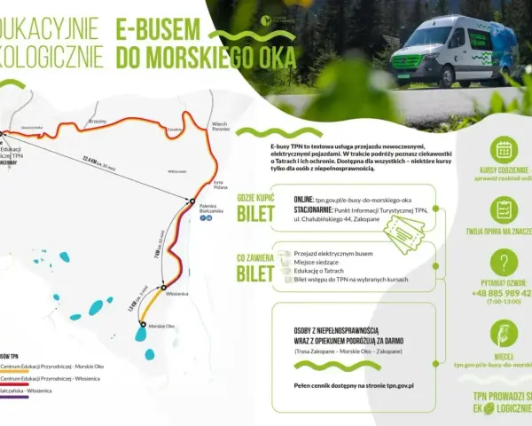 E-busy TPN do Morskiego Oka: sprawdź cennik i trasy na tpn.gov.pl. Ekologiczne przejazdy po Tatrach.