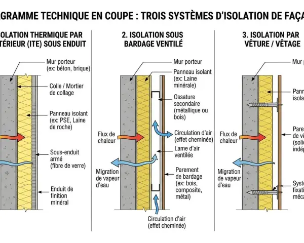 Diagramme comparant 3 systèmes d'isolation de façade : ITE, bardage ventilé et vêture.
