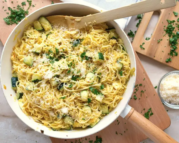 Pyszny makaron z jajkiem i cukinią, posypany parmezanem i świeżą natką pietruszki, gotowy do podania.