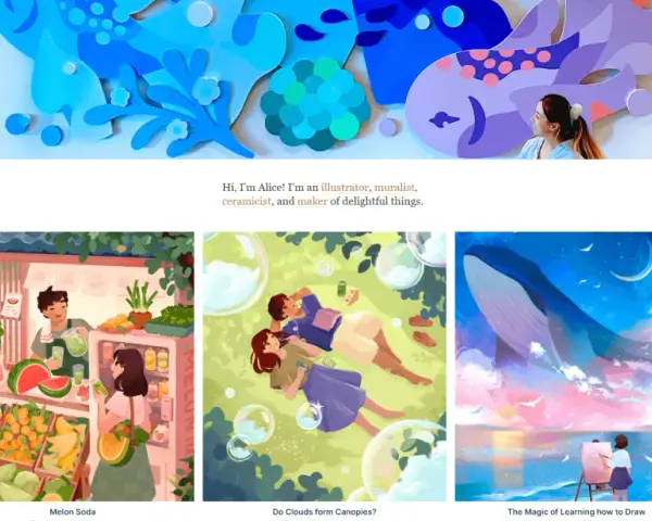 Alice, une artiste, crée des illustrations vibrantes, dont une scène de marché de fruits et une jeune fille peignant une baleine volante.