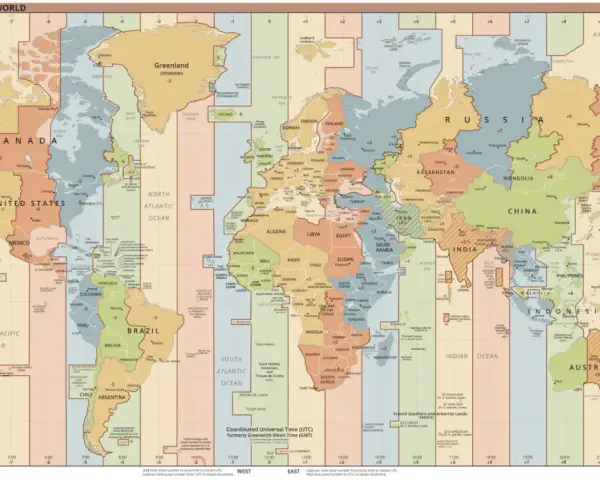 Mapa świata z zaznaczonymi strefami czasowymi. Islandia znajduje się w strefie UTC 0.