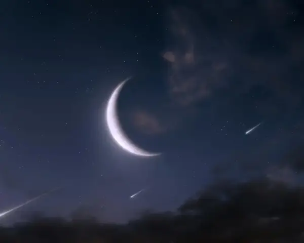 Nocne niebo z sierpem księżyca w Bliźniętach i spadającymi gwiazdami.