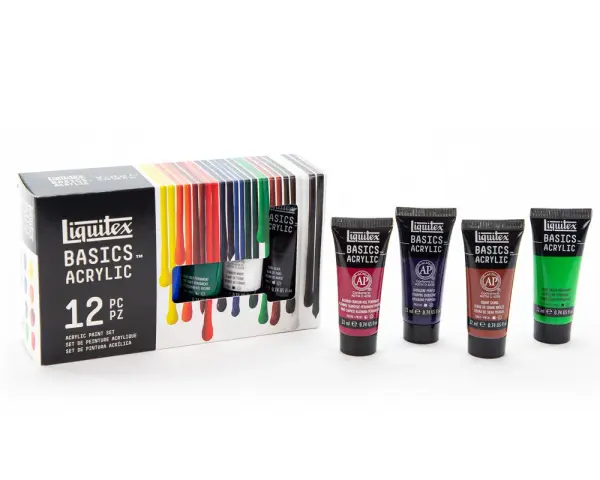 Un coffret de 12 tubes de peinture acrylique Liquitex Basics. Apprenez comment utiliser la peinture acrylique en tube pour vos créations.