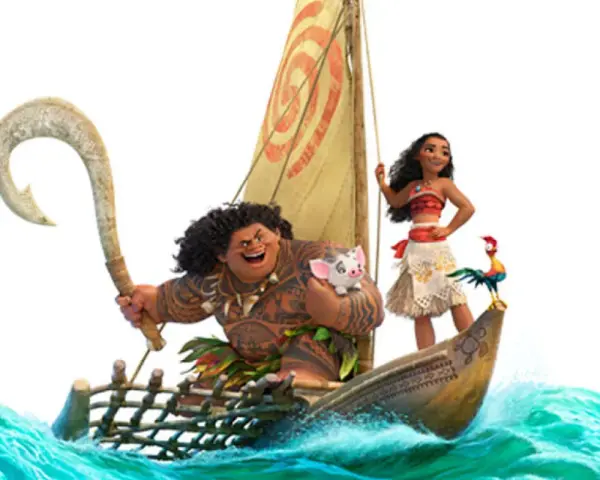 Maui, Vaiana und Schweinchen auf einem Boot im Meer.
