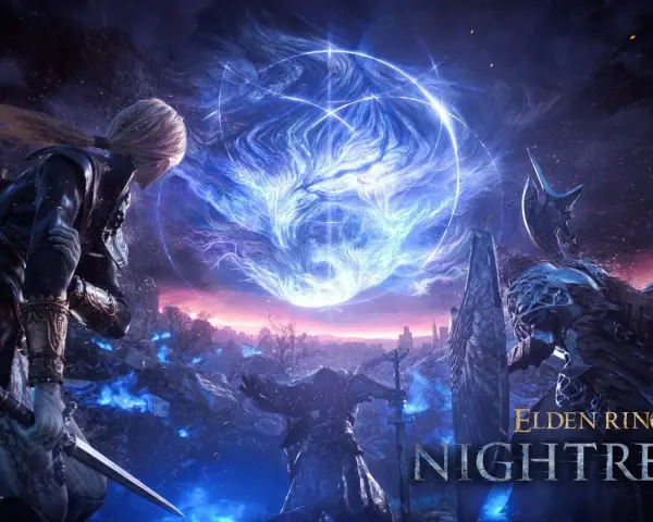 Un guerrero con túnica mira un vórtice azul brillante en el cielo. En el primer plano, un caballero con armadura se enfrenta a un enemigo imponente. Elden Ring Nightreign.