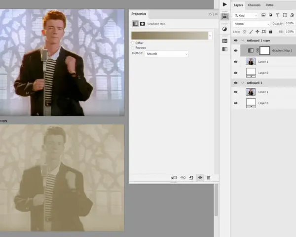 Rick Astley w kadrze, z efektem złoty kolor photoshop. Widoczny panel warstw i właściwości.