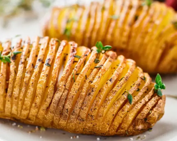 Deux pommes de terre hasselback dorées et croustillantes, garnies d'herbes fraîches. Un délice visuel et gustatif.