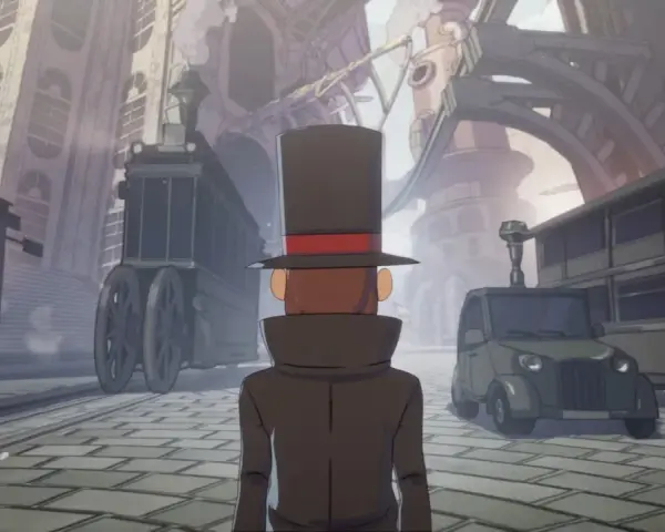 El Profesor Layton explora un mundo a vapor con trenes y un coche retro.