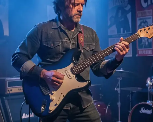 Un guitariste joue sur scène, évoquant l'esprit de qui a inventé le blues. Des affiches de concerts et des amplis Marshall créent une ambiance rock.