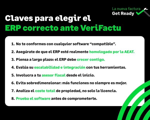 Claves para elegir un ERP correcto, incluyendo aspectos de erp facturacion, homologación AEAT, escalabilidad, asesor fiscal y coste total.