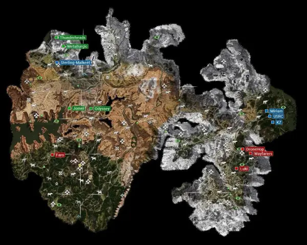 Mapa świata Horizon Zero Dawn z zaznaczonymi lokacjami, takimi jak Thunderheads, Metallurgic, Sterling-Malket, Jomei, Odyssey, Faro, Miriam, USRC, KZ, DroneHop, Wayfarers i Łuki.