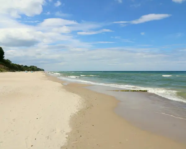 Plaża nad morzem, gdzie fale delikatnie obmywają piasek. W oddali widać zalesione wzgórze, a na niebie chmury. Idealne miejsce na spacer dla gąsek.