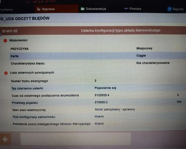 Błąd DTC B1401 w Renault: Usterka konfiguracji układu kierowniczego, ciągła, silnik zatrzymany.