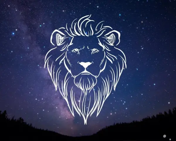 Gwiezdne niebo nad lasem, a na nim biały zarys lwa. To znak zodiaku Lew, symbolizujący siłę i odwagę, niczym pełnia w lwie.