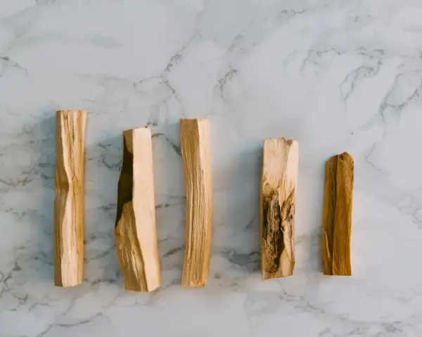 Cinco astillas de palo santo sobre mármol. ¿Por qué se apaga el palo santo? Quizás por la humedad o la mala ventilación.
