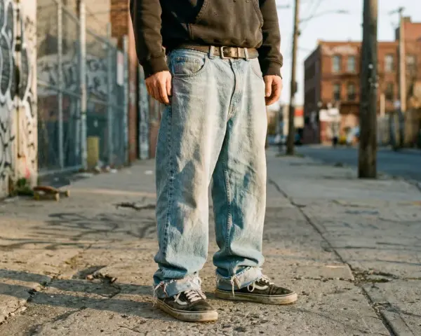 Ragazzo con baggy jeans uomo outfit, felpa scura e sneakers Vans, in un vicolo urbano con graffiti.