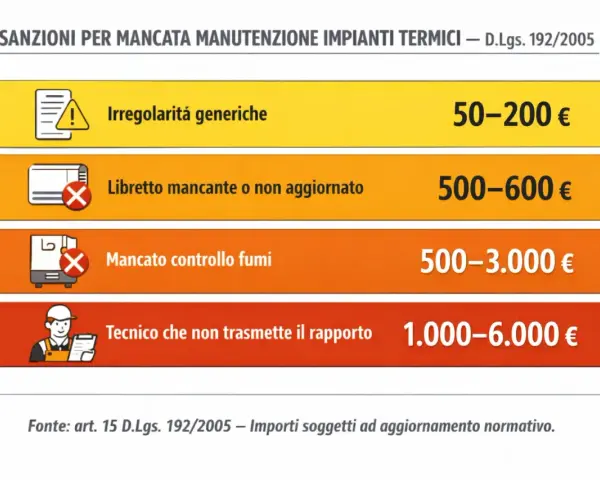 Sanzioni per mancata manutenzione caldaie: irregolarità generiche, libretto mancante, mancato controllo fumi e tecnico inadempiente comportano multe salate.