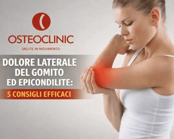 Donna con dolore al gomito, evidenziato in rosso. Il testo parla di epicondilite e consigli efficaci.