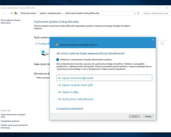 Okno dialogowe "Szyfrowanie dysków funkcją BitLocker" pyta o sposób zapisu klucza odzyskiwania.