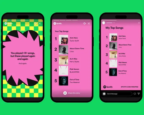 Spotify Wrapped zbiera dane do końca października. Na ekranach telefonów widać podsumowania ulubionych utworów.