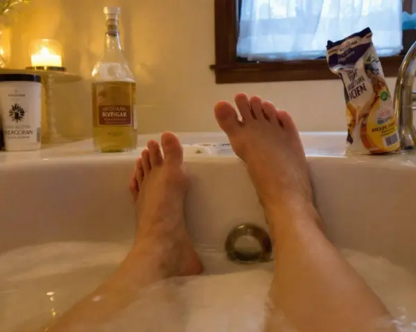 Pieds dans un bain moussant avec du bicarbonate et du vinaigre. Détente assurée pour un bain de pieds revitalisant.