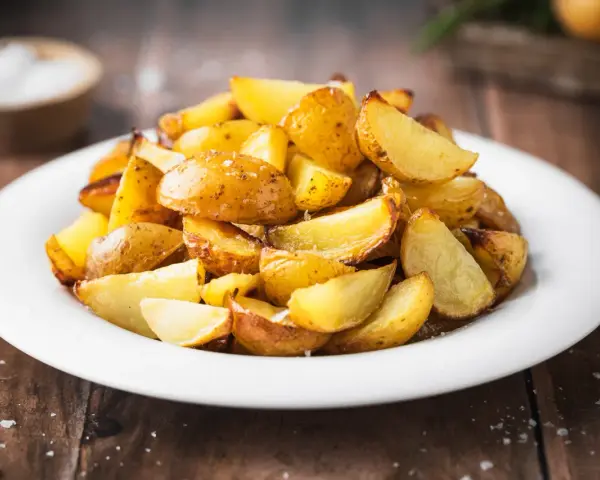 Patate al forno con buccia, dorate e croccanti, servite su un piatto bianco. Un contorno semplice e gustoso.