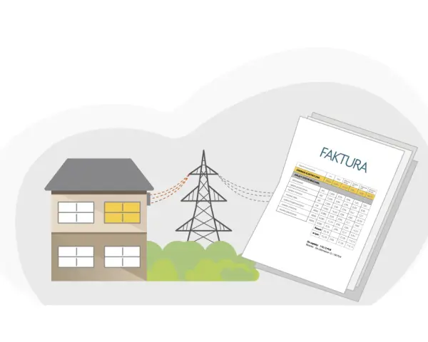 Dom podłączony do sieci energetycznej, obok wieża transmisyjna. Obok faktura za energię, symbolizująca korzyści ze spółdzielni energetycznych.
