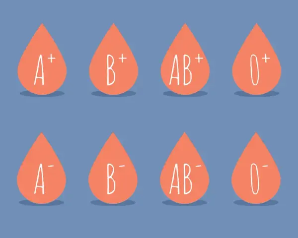 Osiem kropel krwi z oznaczeniami grup: A+, B+, AB+, 0+, A-, B-, AB-, 0-. Ilustracja pokazuje podstawy grup krwi dziedziczenie.