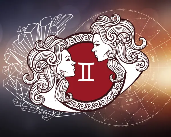Dwie twarze symbolizujące bliźnięta, wady i zalety znaku zodiaku.