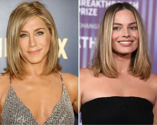 Jennifer Aniston i Margot Robbie prezentują stylowe fryzury damskie do ramion z grzywką, idealne na każdą okazję.