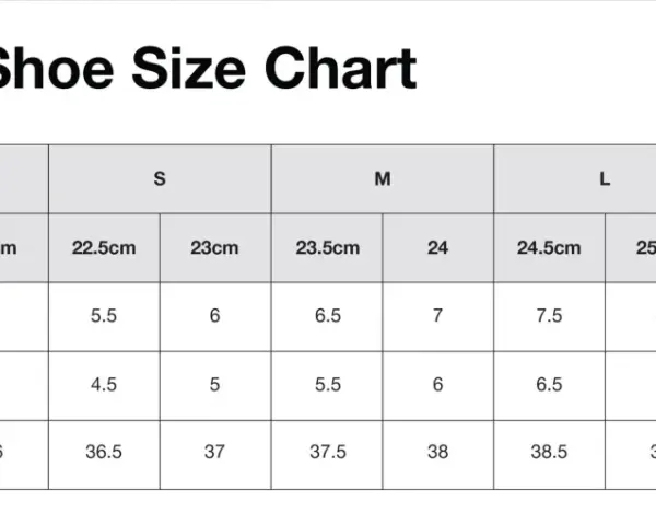 Tabla de tallas de calzado femenino. UK 5 es talla 38.5 EUR, 6 US, 24.5 cm Japón.