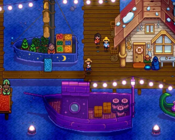 Un muelle de Stardew Valley con barcos, un puesto de comercio y personajes. ¡Una guía visual para tus aventuras!