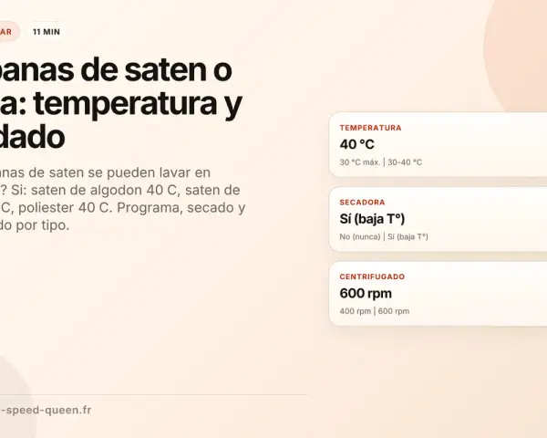 Instrucciones para el **programa lavadora sabanas** de satén y seda: temperatura 40°C, secadora sí (baja T°), centrifugado 600 rpm.