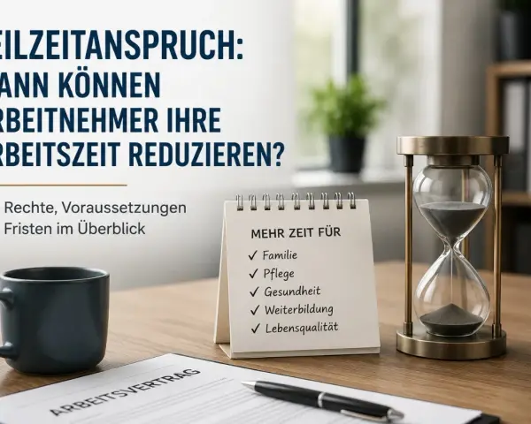 Ein Arbeitsvertrag, eine Kaffeetasse und eine Sanduhr symbolisieren den Wunsch, die Arbeitszeit zu reduzieren für mehr Zeit für Familie, Pflege, Gesundheit und Lebensqualität.